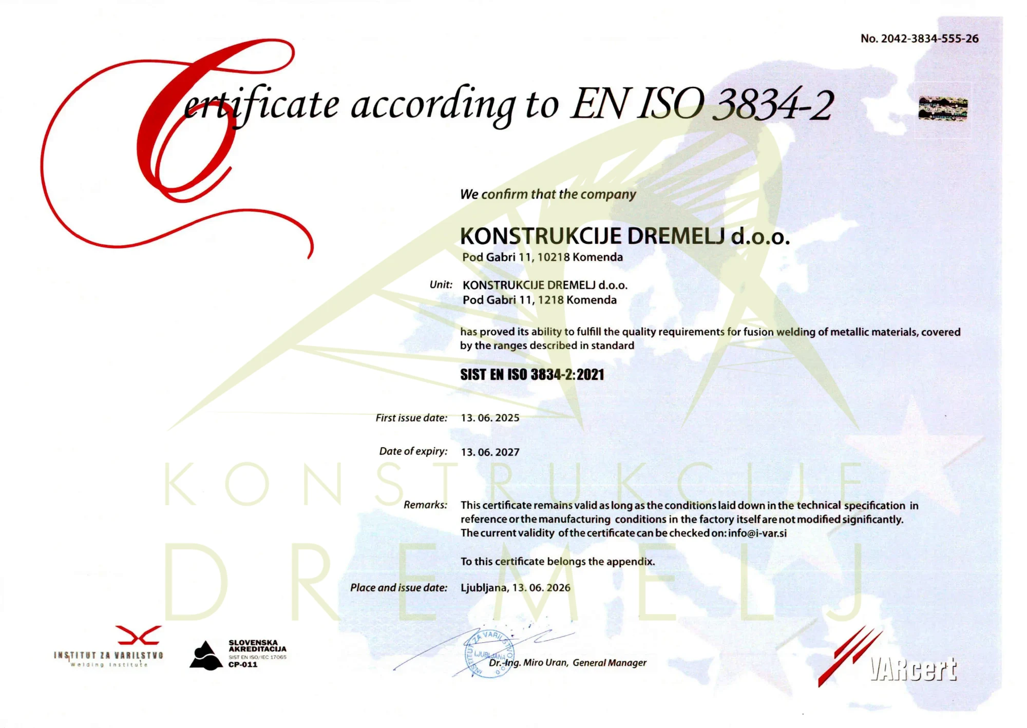 Certifikat SIST EN ISO 3834‑2, Konstrukcije Dremelj d.o.o.